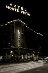 Black and white photo of the facade of the Hotel Monte Vista
